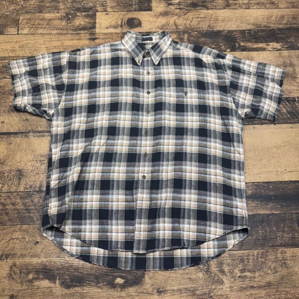 Chaps Ralph Lauren Linen Cotton Plaid Button Up Short Sleeve Shirt XL